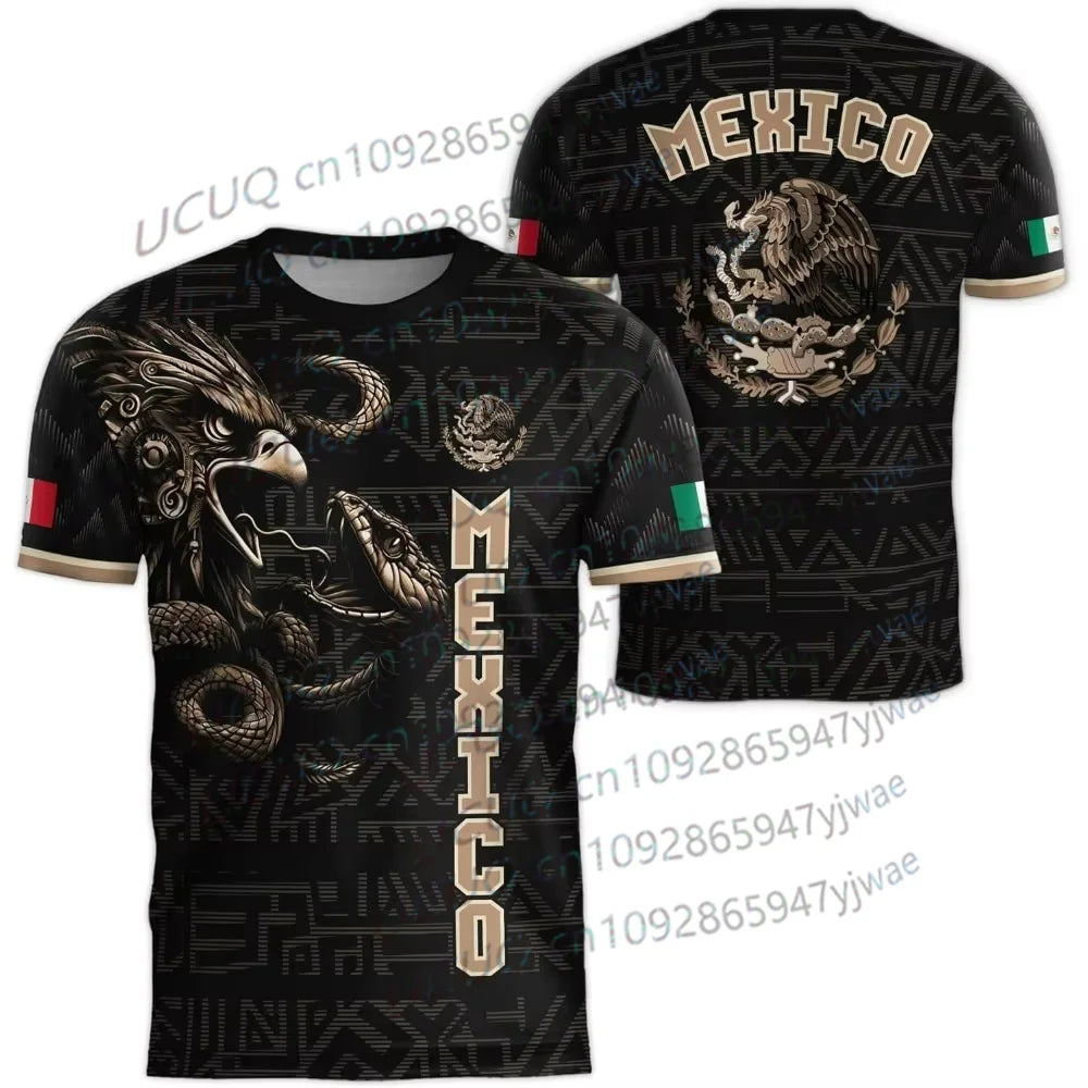 2026 Mexico National Flag Print T-shirt - Black Aztec