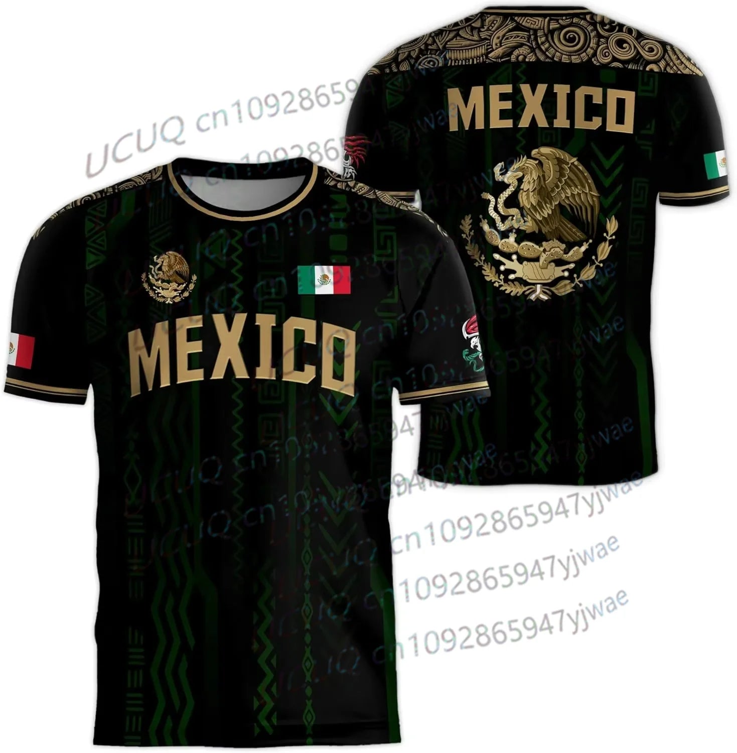 2026 Mexico National Flag Print T-shirt - Black/Gold Aztec